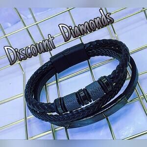 Men's Black Titanium Braded Black Leather Trinity Bracelet 